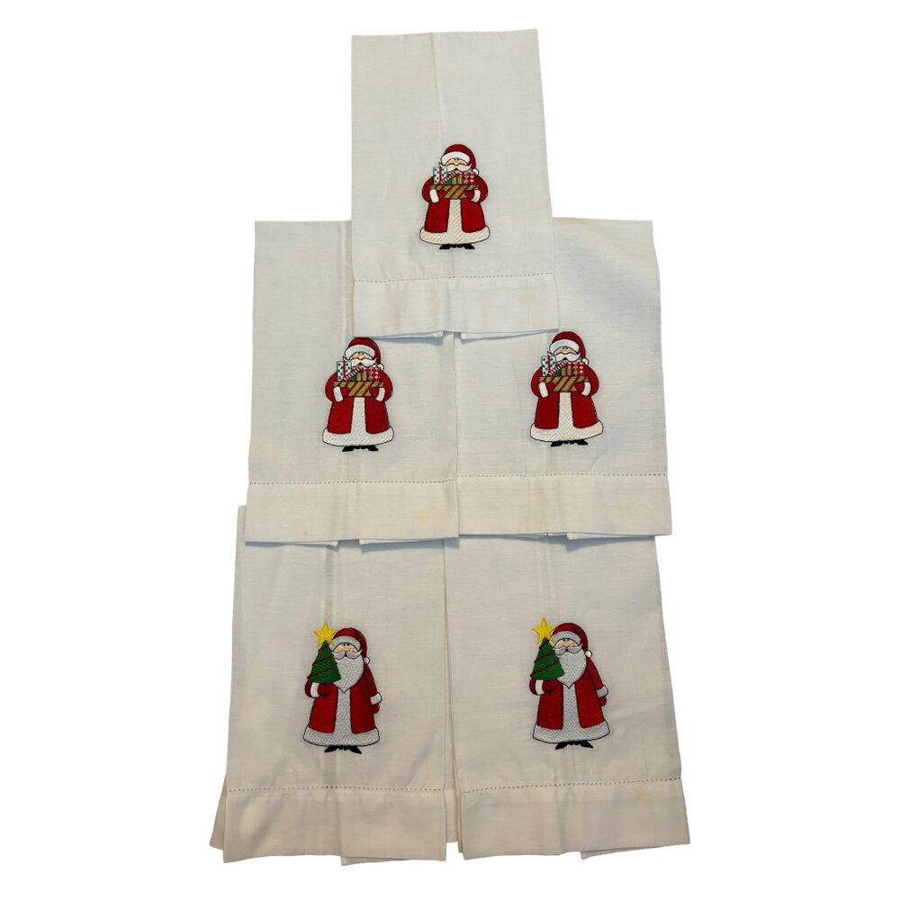 5 Cotton Christmas Embroidered Santa Claus Tea Towels / Kitchen Towels 14x23"